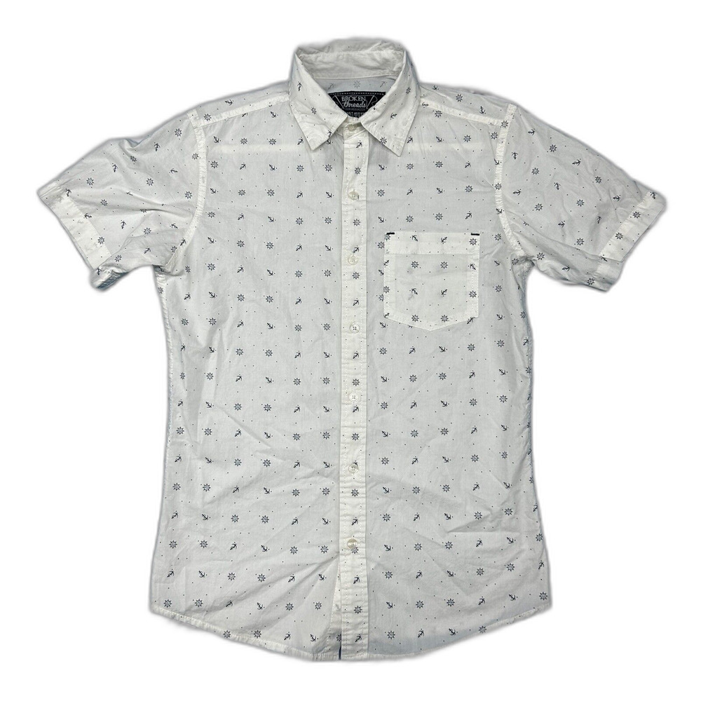 Broken Threads Men's Button Down Shirt Short Sleeve White blue Print Size S